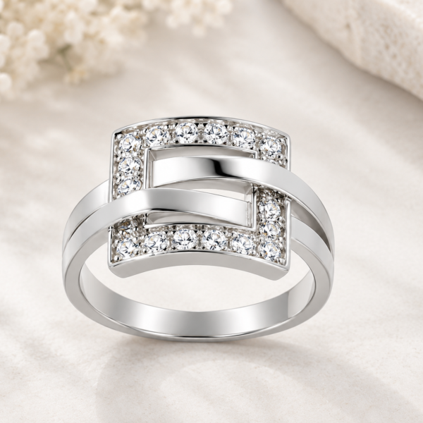 AUTENTICA Fancy Band Ring, Rhodium-Tone Geometric Crossover Design with Pave Clear Stones