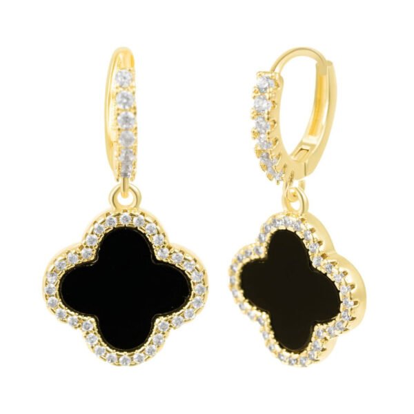 ADORNIA 14k Gold Plated Crystal Halo Black Clover Dangle Huggie Earrings – Yellow Gold