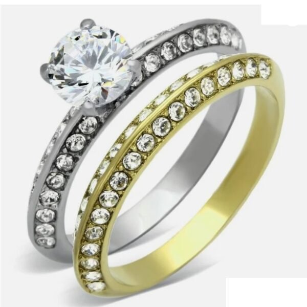 FASHNZFAB Two-Tone IP Gold (Ion Plating) Stainless Steel Ring with AAA Grade CZ in Clear