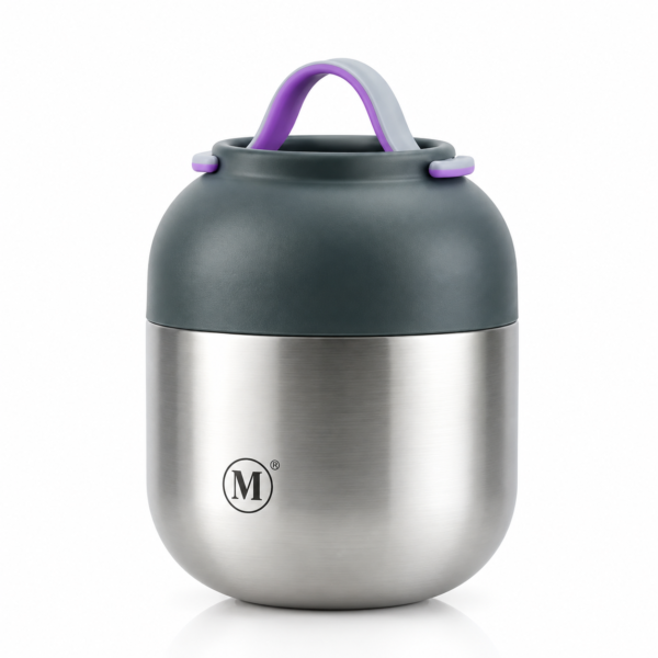 Minimal Insulated Food Jar V2, 17oz, set of two, Classic color, stainless steel with charcoal lid and purple handle
