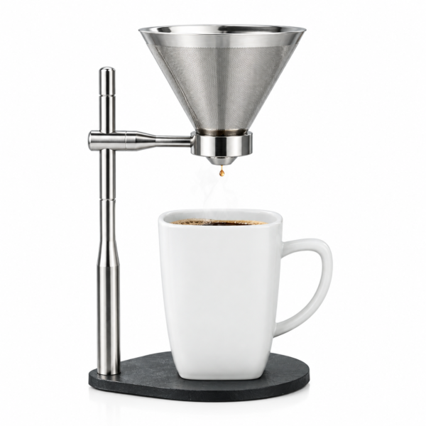 Minimal Coffee Stand with Stainless Steel Filter, stainless steel pour-over stand with black base