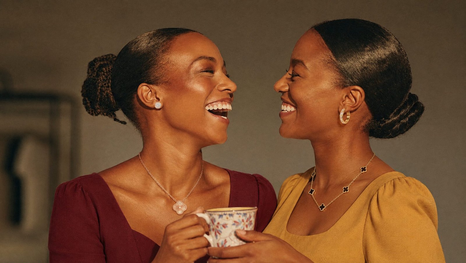 Two women wearing Sadevo jewelry, laughing together at home